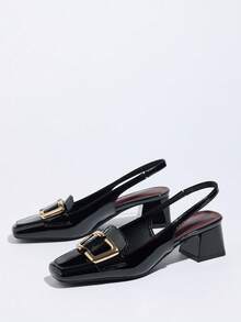 新款法式粗跟闭趾凉鞋，酒红色，中低跟，金属方头，优雅女士高跟鞋 - 黑色 - 查看 6