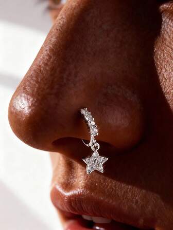 1pc Fashionable Copper Inlaid Cubic Zirconia C-Shaped Pentagram Pendant, Requires Piercing For Nose Ring, Suitable For Women's Daily Wear, Nightclub Party, Gift For Friends, Birthday