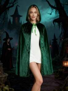 1pc Deep Green Velvet Hooded Cloak, Suitable For Halloween, Christmas Parties, And Wizard/Elf Costume Carnivals - Dark Green - View 3