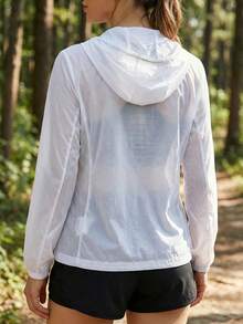 女士防紫外线轻薄外套，夏季旅行夹克，透明拉链连帽衫，休闲防晒外套，沙滩罩衫，薄款白色外套 - 白色 - 查看 4