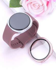 Conjunto de 2 en 1 de correa de reloj de silicona suave + funda protectora, compatible con Samsung Galaxy Watch4 de 40 mm/44 mm. Correa de reloj de silicona cómoda con hebilla de remache, combinada con una funda protectora a prueba de golpes y resistente a los arañazos de PC y un protector de pantalla de vidrio templado. Tacto sensible, adecuado para hombres y mujeres. - Correa de color morado ahumado con caja de oro rosa - Ver 9