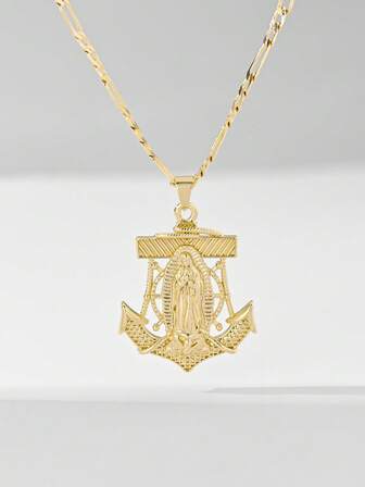  1pc Classic European Style Copper Inlaid Zirconia Fish Hook Guadalupe Virgin Mary Pendant Necklace, Limited Edition, Suitable For Christmas/Thanksgiving/Halloween/Mother's/Valentine's Day Gifts For Couples/Friends/Godparents, Catholic First Communion, Gifts, Daily And Holiday Wear For Prayer