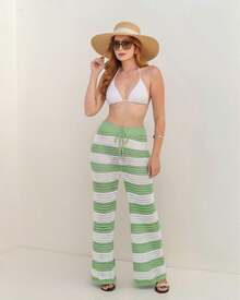 Beach Cover-Up Pants, Drawstring, Striped, Crochet, Blogger Style, Luxury Knitwear, Elegant, Women's Fashion, Summer, Casual, Beach Vacation - 奶油色 - 查看 6