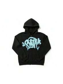 Black Zip-Up Hoodie With Streetwear Print, Unisex - Black and Blue - View 5