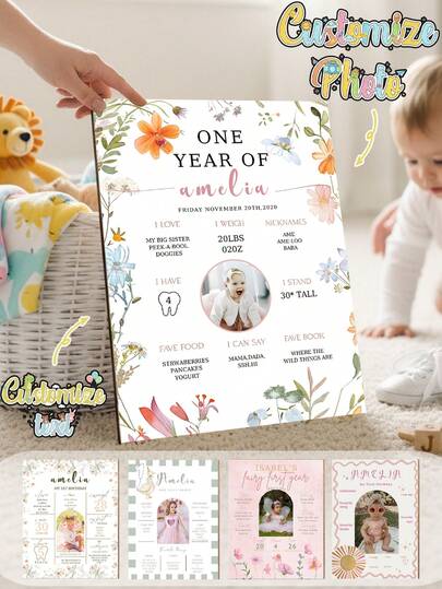 Personalized First Birthday Milestone Poster With Custom Name Photo And Baby Stats Floral Nursery Wall Art One Year Old Memory Print Keepsake Custom Birthday Board Baby Girl Boy Room Decor Gift For 1st Birthday Party Home Decoration