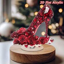 Decoração de Mesa Acrílica Plana e Giratória - Saltos Altos Vermelhos com Cristais Cintilantes, Rosas e Corações - Decoração de Sapato Giratório 2D para Presente do Dia dos Namorados, Acessório de Moda Adequado para Casa e Escritório, Sem Necessidade de Eletricidade, Plano 2D - Multicolorido - Visão 7