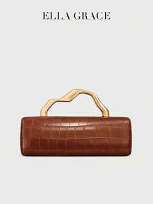 ELLA GRACE - 鳄鱼纹压花手拿包，配不规则金色金属手柄，时尚女士晚宴手提包，奢华婚礼派对钱包，设计师款宴会包，新年礼物 - 卡其色 - 查看 3