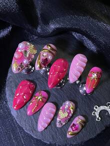 10pcs Valentine's Day Nail Art Set, Includes 3D Pink Almond Nail Stickers, Chrome Powder, Red Nail Stickers, French Nail Stickers, Shiny Rhinestone False Nails, Heart Sequins, Diamond Decorations, Bow Tie, Star Nail Jewelry, Nail Gems, With Nail Tools (1 Jelly Sticker + 1 Nail File), Suitable For Party, Valentine's Day, Wedding, Casual And Daily Wear - Multicolor - View 2