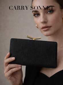 黑色编织手拿包，经典硬挺款式，金属扣闭合，正式场合包，女士手提包，女士礼物 - 黑色 - 查看 4