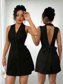 女士优雅修身无袖 Polo 领 A 字连衣裙，露背设计，饰有蝴蝶结。 - 黑色 - 查看 1