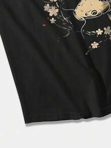 Plus Size 2 Pieces Set: Men's Japanese Koi Pattern Sleeveless Tank Top, Casual Loose Street Style T-Shirt - Black - View 7