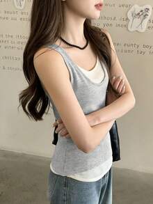 Sleeveless 2 In 1 Tank Top For Women, Summer - Light Grey - View 9