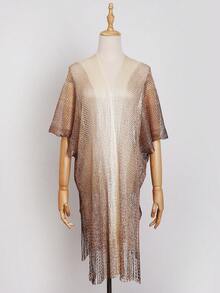 长款闪亮金色网纱沙滩围巾，多功能轻薄比基尼罩衫，时尚渐变流苏披肩，度假必备 - 彩色 - 查看 7