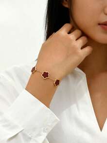 1pc Red Fashionable Classic Clover Design Bracelet Set Stainless Steel Penta Flower Design Bracelet For Women, 18k Gold-Plated Valentines - Đỏ - Xem 5