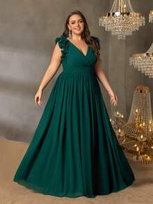 Faeriesty 大码女士优雅正式A字连衣裙，交叉肩带，荷叶边领口，修身剪裁，飘逸雪纺面料，适合晚宴、正式晚宴、新年庆祝活动、春季婚礼派对等场合。 - 墨綠色 - 查看 5