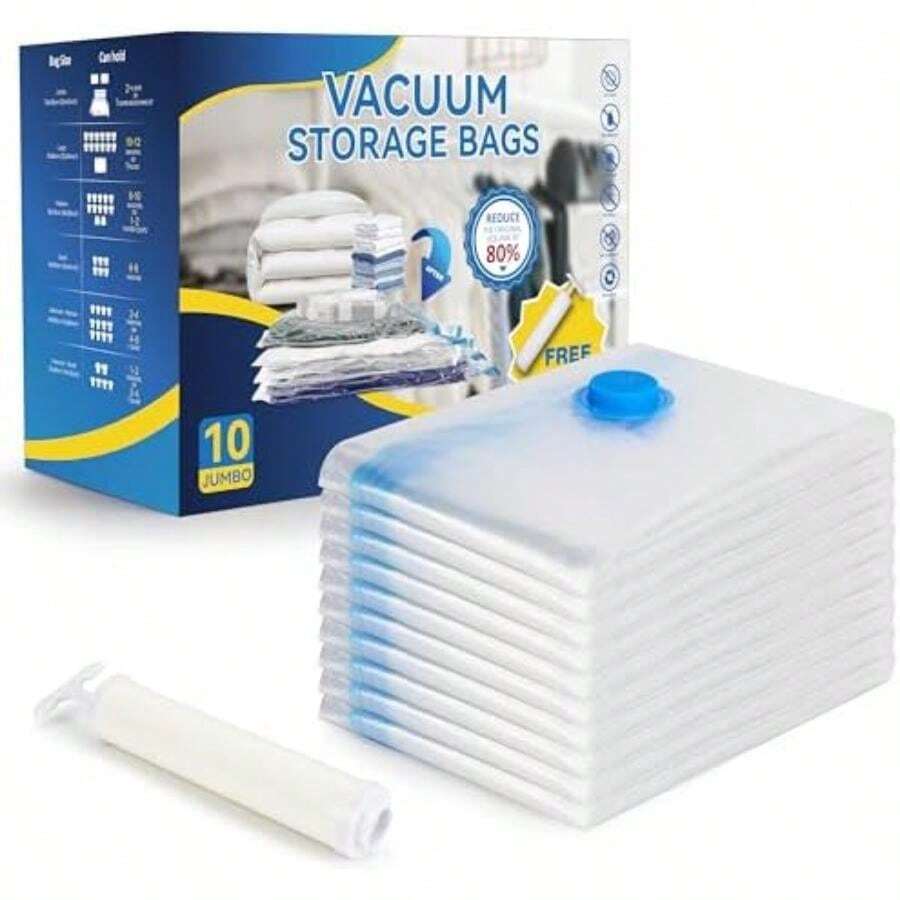 10 bolsas de sellado aspiradora con bomba de mano, bolsas de almacenamiento aspiradora, bolsas de ahorro de espacio para edredón, mantas, ropa de cama, almohadas, ropa de cama(Paquete de 10 unidades) - 50*60 - Ver 1