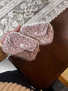 粉色豹纹零钱包 可爱甜美相机收纳包 毛绒大容量便携卡包 旅行口红化妆包 化妆包 旅行必备 - 彩色 - 查看 3