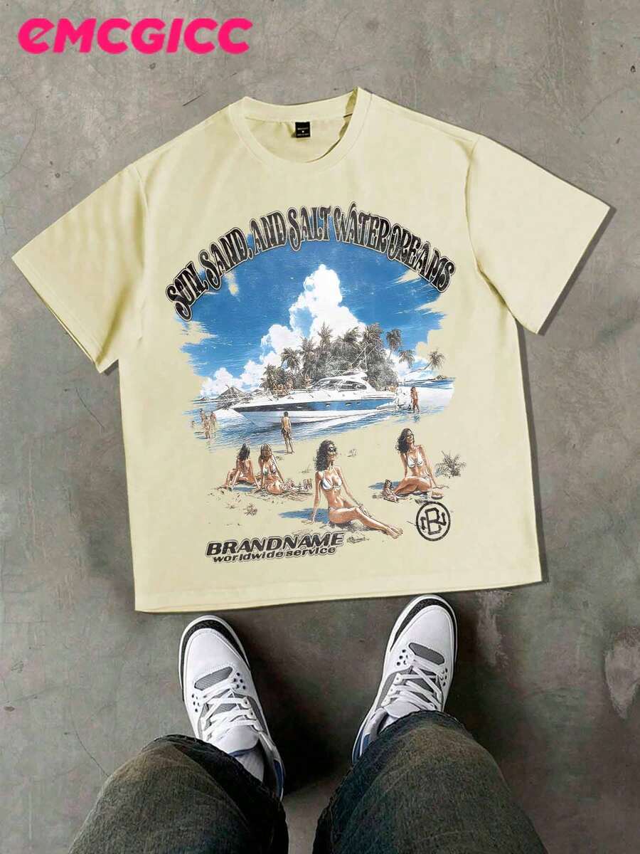 EMCGICC Street Life Men's Y2k Style (220 Pure Cotton T-Shirt) Retro Graphic Funny Printing,Hip Hop ,Men's Summer Tops Round Neck Short Sleeve Casual T-Shirt, Summer Street Sports Life Men's - Màu be - Xem 1