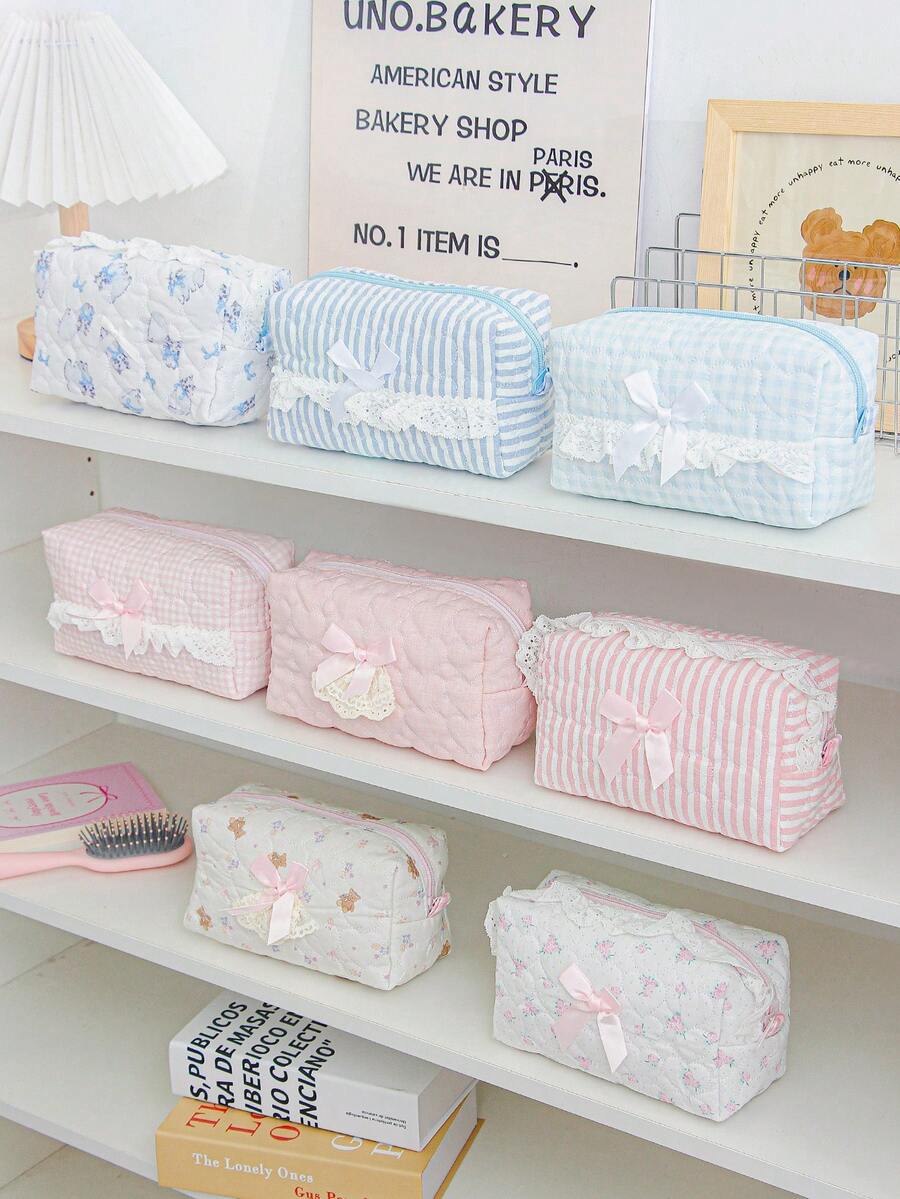 Carino borsa cosmetici imbottita in schiuma con motivo a griglia e a strisce, borse per il trucco con decorazioni in pizzo e fiocco, borsa per cosmetici con motivo a cartoni animati, borsa per cosmetici di grande capacità con cerniera, borsa per cosmetici a forma di cuore, borsa da toilette portatile, borsa da toilette a quadri - Multicolore - Visualizzare 1