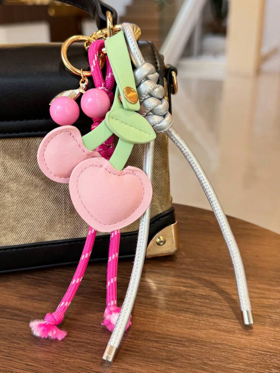 1pc Pink Girl Fruit Cherry Design Handmade Woven Bag Charm, Keychain, Backpack Pendant, Valentine's Day Gift - Multicolor - View 1