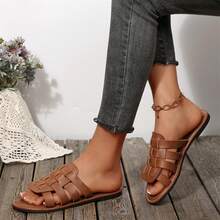 Womens Dressy Summer Sandals Outdoor Walking Travel Flats Slides Shoes Round Toe Braided Comfy Closed Toe Woven Vacation Mules - 棕色 - 查看 9