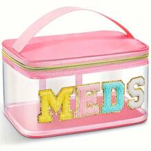 Fashion Chenille Letter Patch Toiletry Bag, MEDS Makeup Bag - Transparent Travel Storage Bag With Handle, Nylon Zipper Toiletry Bag, XSB1207-Toiletry Bag-LY28 - màu xanh lá - Xem 10