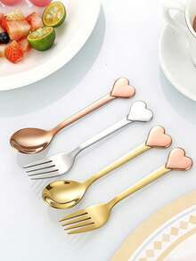 1 pièce/2 pièces Set de fourchette et cuillère en acier inoxydable en forme de cœur, set de couverts pour couple avec boîte cadeau, cadeau de la Saint-Valentin - Multicolore - Voir 8