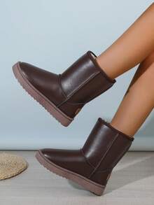 1 Pair Thick Plush Tall Boots, Thick Sole Versatile Women Slip-On Mid-Calf Boots - Brown - View 3