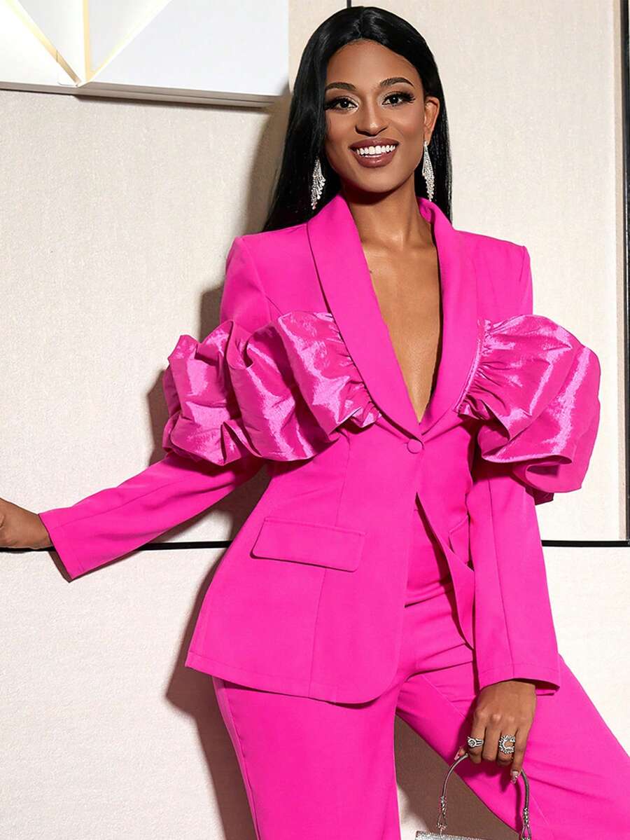 Women Fuchsia Chic Ruffle Design Long Sleeve Blazer Spring Cocktail Party Music Festival Button Fit Jacket Work Wear - Hot Pink - View 1