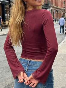 Y2k Flare Long Sleeve Crop Tops For Women Lace Trim Square Neck Low Cut Stretchy Blouses Sexy Slim Fit T Shirt Going Out Tops Party Clubwear Streetwear Spring Summer Fall Aesthetic Clothes - Màu Đỏ Sâu - Xem 4