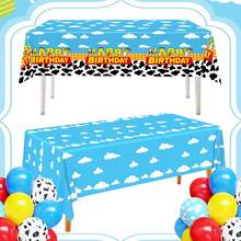 1/3 包卡通故事桌布，奶牛图案印花桌布，蓝天白云图案，奶牛主题生日派对装饰，适合激发灵感的故事主题派对装饰用品，尺寸 54 x 108 英寸 - 彩色 - 查看 2