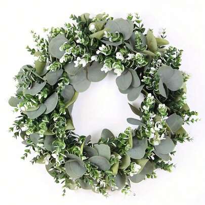 1pc Green Eucalyptus Wreath, Artificial Rustic Style Wreath, Suitable For Door, Wall, Window Decor