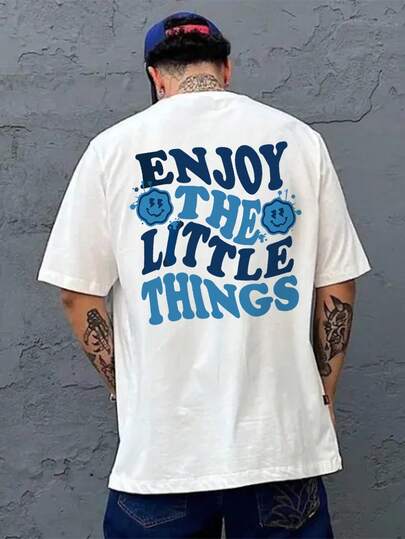 2025 男士休闲圆领短袖 T 恤，标语和字母印花，适合海滩度假和日常穿着