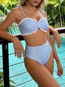 Women's Halter Bikini Set Ruffle Hem Two Piece Swimsuit With Side Tie Bathing Suit Bottom - Blue - View 2