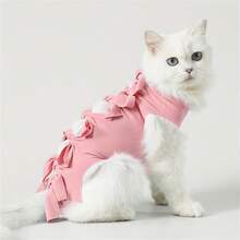 可调节术后恢复猫咪服装 - 带蝴蝶结，透气防舔舐手术宠物护理背心 - 彩色 - 查看 17