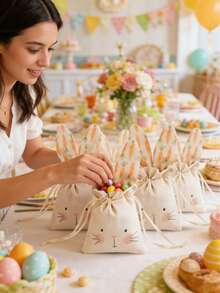 1个可爱复活节兔子抽绳袋，带兔耳朵，适合装复活节礼物、派对小礼品和纪念品。可装鸡蛋和胡萝卜，非常适合用作复活节彩蛋寻宝奖品、派对小礼品袋、节日礼物包装或家庭聚会零食收纳袋。 - 彩色 - 查看 7