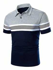 1件男士撞色条纹针织Polo衫，透气修身罗纹领高端短袖 - 藏蓝色 - 查看 2