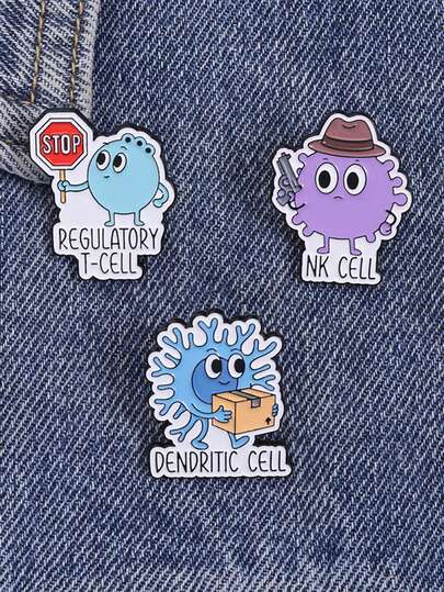 3pcs Cute Immune Cell Enamel Badge NK Cell, Regulatory T-Cell&Dendritic Cell Cartoon Cute Brooch Clothes Backpack Accessories Jewelry Gifts For Friends