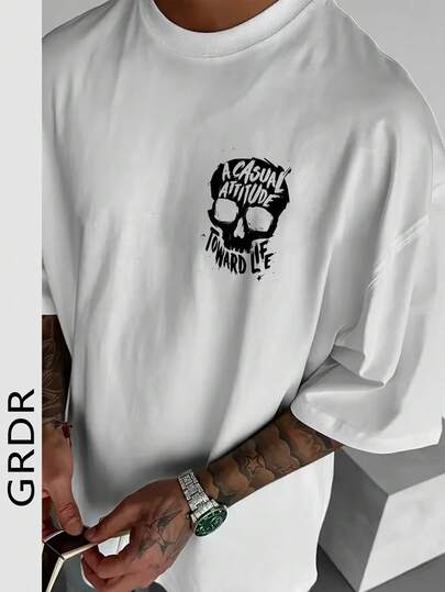 GRDR 1 szt. Męska letnia, lekka, bawełniana koszulka z nadrukiem czaszki, luźna, swobodna, z krótkim rękawem