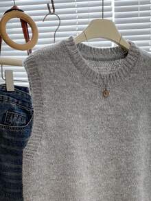 女士圆领罗纹针织无袖常规春季毛衣背心，灰色针织上衣，略带弹性，休闲百搭 - 灰色 - 查看 4