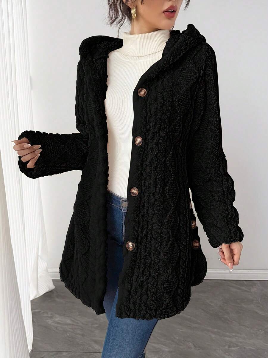 Fuzzy Hooded Coat Women Quilted Texture Button Front Warm Outerwear,Quilted Warm Outerwear Button Front - 黑色 - 查看 1