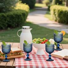 Sunflower Embossed Wine Glasses Set Of 6 – 10oz Blue Vintage Goblets, Dishwasher Friendly Stemmed Drinking Cups For Wedding Toast, Cocktail, Juice & Home Entertaining - 藏蓝色 - 查看 9