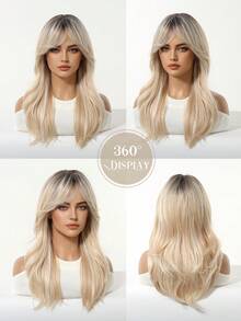 20英寸 Medlum 长发假发，女士渐变金色卷发假发，自然耐热合成假发，适合女性日常居家度假佩戴，带刘海 - 漸變金色 - 查看 6