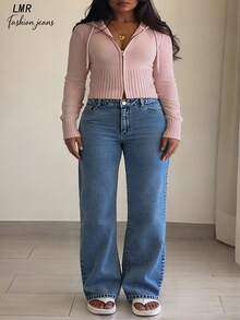 Quần jeans nữ dáng suông, cạp trung, dáng rộng, cơ bản, tối giản, thoải mái và đa năng cho trang phục đường phố hàng ngày. - Rửa tối - Xem 3