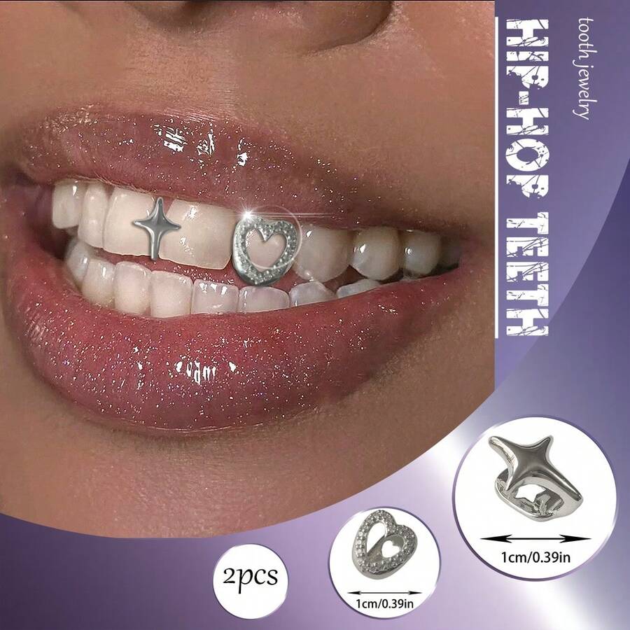 1 Set Hollow Heart Zirconia & Smooth Starburst 2pcs Shiny Personalized Hip Hop Tooth Jewelry, Valentine's Day Gift - Multicolor - View 1