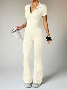 Women's Yoga Workout Set: Short Sleeve Zip-Up Jacket And High-Waisted Flare Pants - Moisture-Wicking, 4-Way Stretch, Suitable For Yoga, Pilates, Gym Workouts (Multiple Colors/Sizes Available) - 杏色 - 查看 4