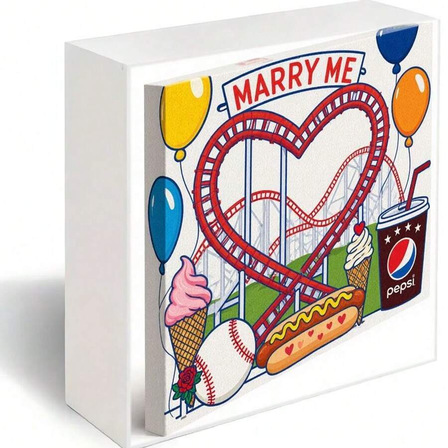 Romantic Proposal Amusement Park Themed Decorative Wooden Box - Red Heart Roller Coaster Track, Colorful Balloons, Ice Cream, Baseball, Hot Dog,  Cup & Rose, Playful Vibrant Design For Festive Gift Or Engagement Keepsake - White - View 1