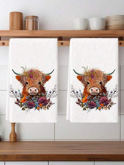 2pcs Highland Cow Kitchen Towels Kitchen Cloths, Polyester Hand Towels With Flowers Pattern, Super Soft Woven Dishcloths, Machine Washable, Ideal For Holiday Gifts & Home Decor.