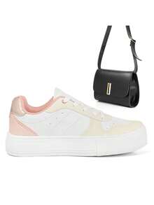 Kit Tênis Feminino Sola Reta Skate Academia Force + Bolsa Pequena - Branco - Visão 1