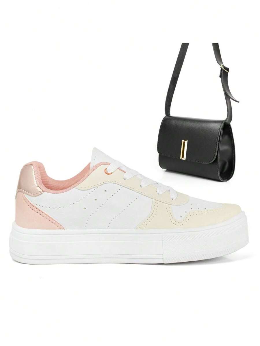 Kit Tênis Feminino Sola Reta Skate Academia Force + Bolsa Pequena - Branco - Visão 1